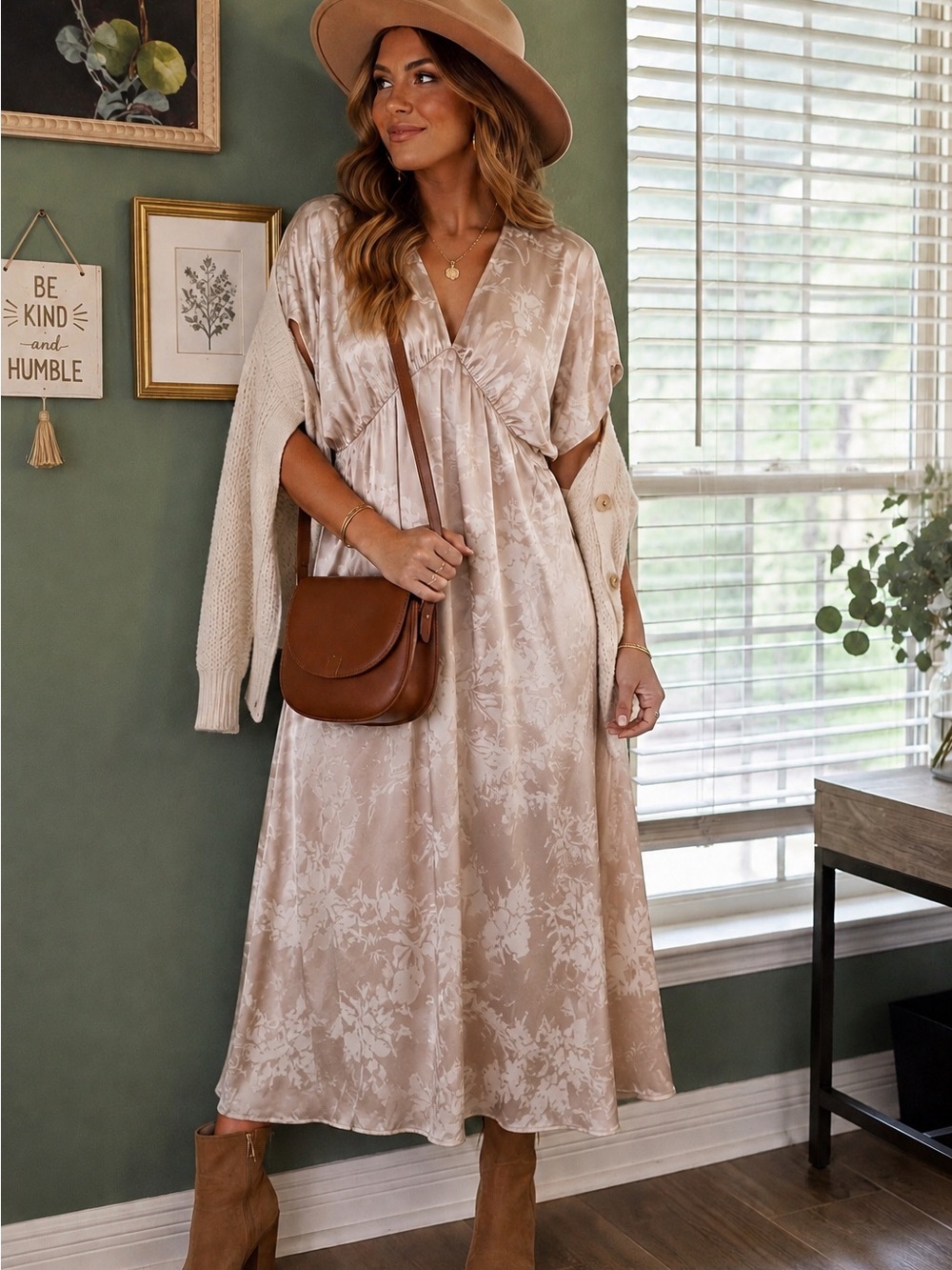 Lucky Brand Satin Floral Maxi Dress NWT Champagne Beige Flutter Sleeve